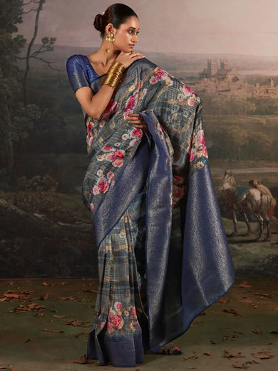 Awesome Blue Floral Printed Silk Traditional Saree With Blouse